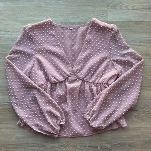 Swiss dot long sleeve blouse, pink and white, size small